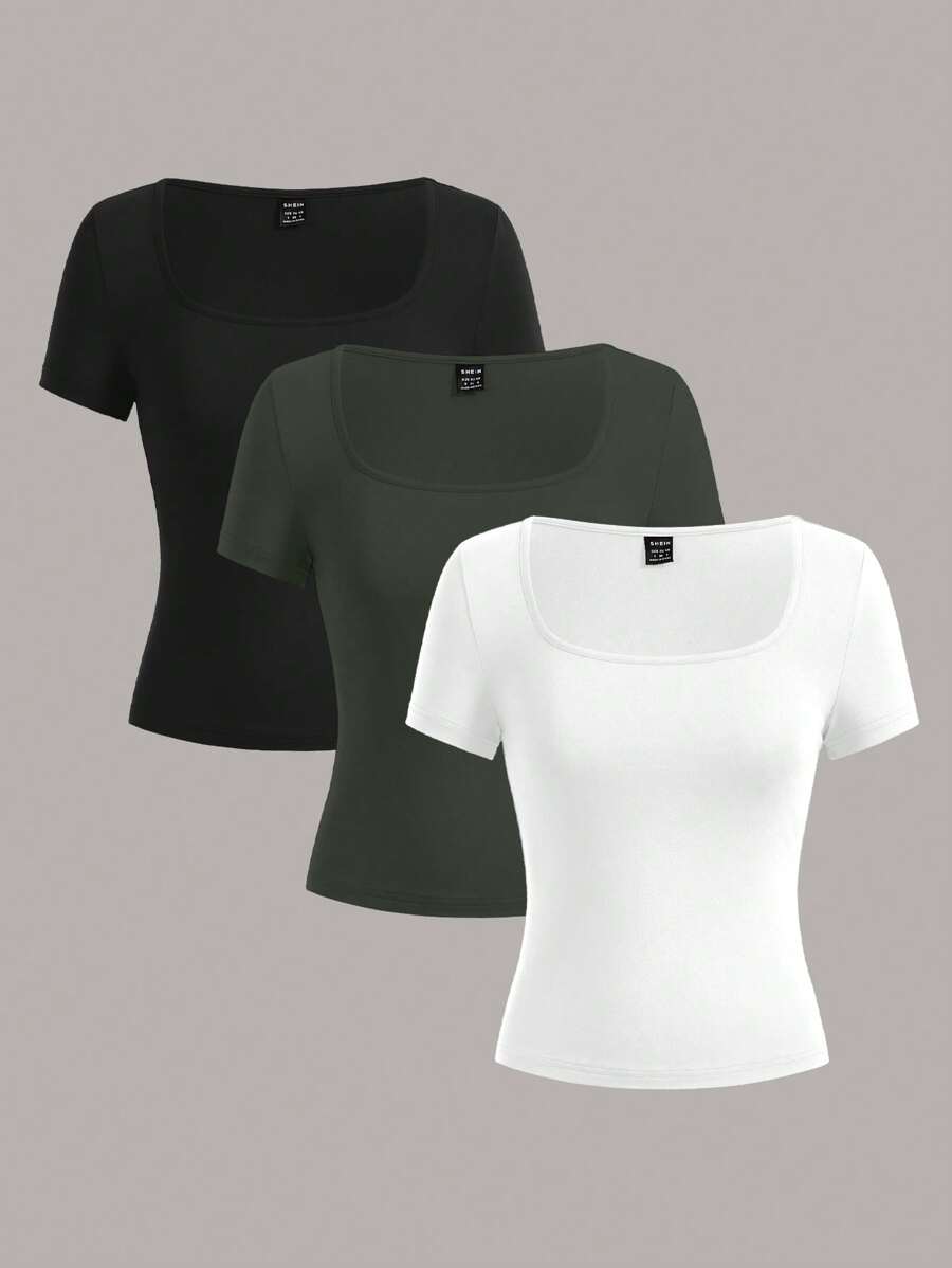 SHEIN EZwear 3 件套女士黑色、橄榄绿、白色短袖短款休闲修身 T 恤,适合夏季 - 彩色 - 查看 1