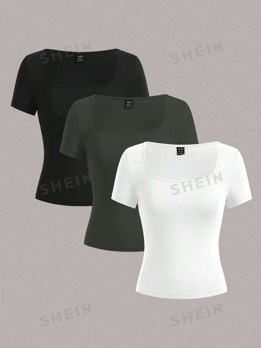 SHEIN EZwear 3 Stücke/Set Damen Schwarz, Olivgrün, Weiß Kurze Ärmel Crop Top Lässig Passform T-Shirt, geeignet für den Sommer - Verschiedenfarbig - Übersicht 1
