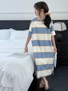 Dazy Kids 青少年女孩条纹短袖针织家居服套装，夏季 - 藍色 - 查看 6