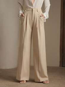 Anewsta Fashionable Modern Commuter Pearl Rhinestone Decor Women Office Pants, Elegant Casual Work Outfits For Women - Cream - View 7