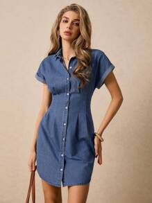Poéselle 牛仔连衣裙，女式短袖单排扣休闲束腰牛仔连衣裙 - 淺色水洗藍 - 查看 1