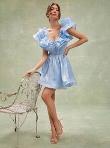 L'Amorae Elegant Ruffle Satin A Line Dress Simple Fashion Daily Casual