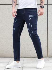 Manfinity Homme Men's Simple & Fashionable Denim Jeans, Suitable For Summer - Dark Wash - View 1