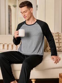 男士家居休闲套装两件套，插肩袖圆领上衣+长裤睡衣套装，男士睡衣，秋冬服装