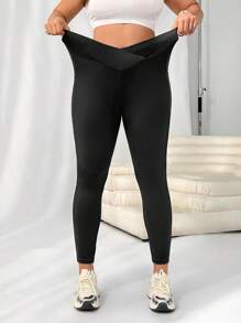 SHEIN EZwear Plus Size Dames Zwarte Contrast Mesh Zak Leggings