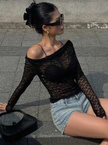 DAZY 女式蕾丝透视不对称肩部衬衫，春夏长袖女式上衣，秋季女装