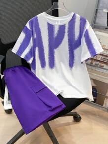 2pcs Tween Boy Casual Street Large Letter Print Short Sleeve T-Shirt & Shorts Set, Suitable For Commuting, School, Daily Leisure, Sports, Spring/Summer - Purple - View 1