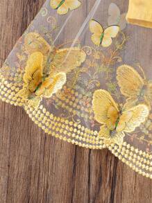 SHEIN 年轻女孩夏季不对称不对称领口连体裤，重磅刺绣蝴蝶网眼拼接连体裤，度假沙滩连体裤，儿童夏季服装 - 黃色 - 查看 7