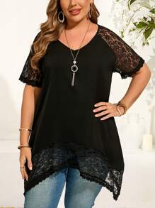 EMERY ROSE Plus Size Women Casual Contrast Lace Short Sleeve Top