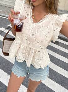 Serisse Women's Solid Color Hollow Embroidery V-Neck Ruffle Casual Blouse Top Summer Vacation
