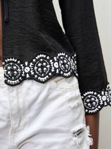 Lumivelle Women's Tie Collar Short Sleeve Lace Solid Blouse, Bohemian Style, Everyday, Vacation, Ruffle