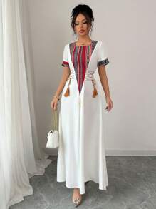 Rafferiza Gaun Midi A-Line Wanita Gaya Elegan dan Sederhana, Model Bohemian dengan Motif Patchwork Vintage Retro, Kerah Bulat, Ikat Pinggang Samping - MultiWarna - View 6