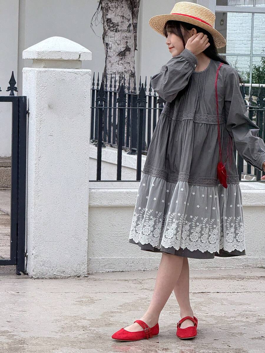 DAZY Mid-Length A-Line Lace Patchwork Solid Color Princess Round Neck Long Sleeve Dress For Tween Girls - Grey - View 1