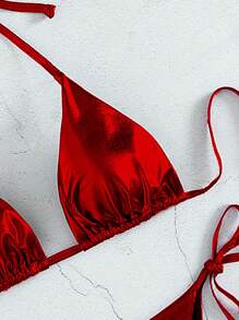 Swim Vcay Bikini hở lưng tam giác buộc hai bên bãi biển mùa hè bằng da PU Bộ bikini dành cho nữ - Đỏ - Xem 3