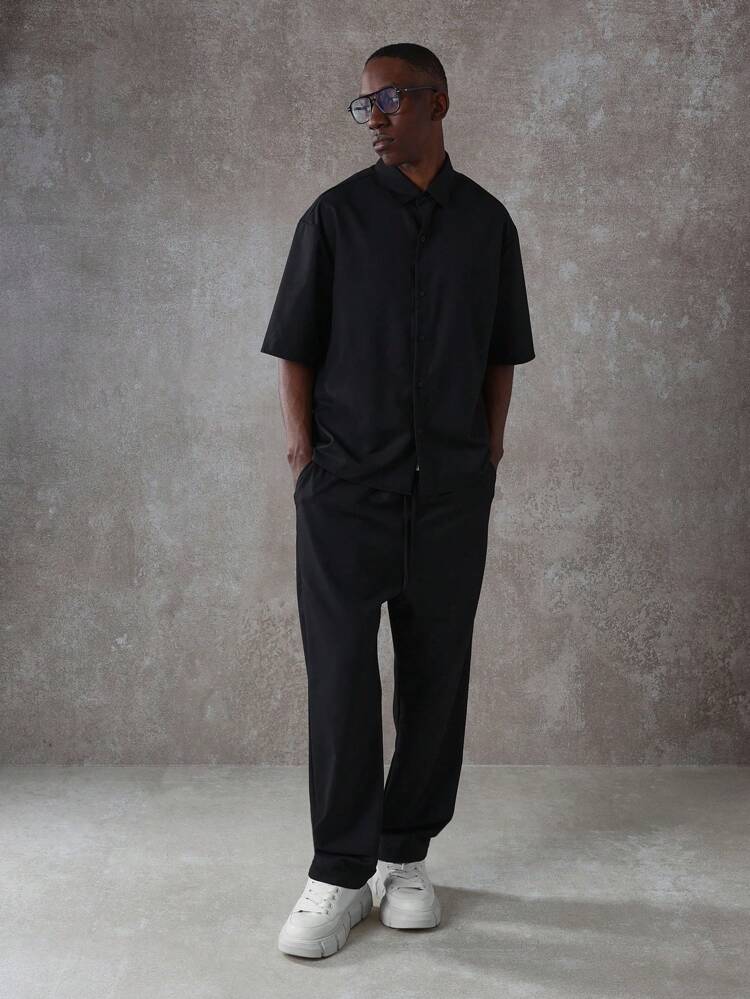 Oversized Button Down Short Sleeve Shirt And Wide Leg Pants Set
