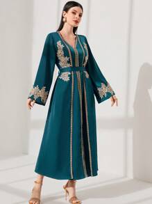 Al Najma Gorgeous & Elegant Embroidered Floral Trim Bell Sleeve Robe Abaya Dress, Modest Kaftan - Teal Blue - View 5
