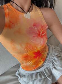 Aloruh Neue lässige Urlaubs-Rüschen-Orange-Batik-Blumen-Muster Damen Tank Top, geeignet für Sommer, Strandurlaub/Frühjahrsferien/Musikfestival