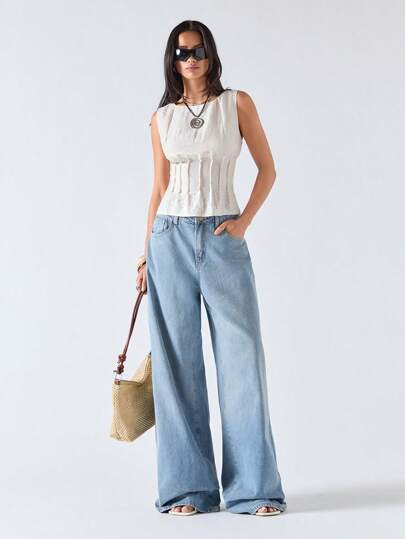 LYSMO 自然褶皱圆领无袖休闲百搭衬衫，夏季