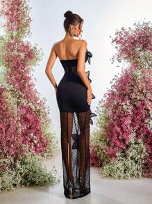 Glamrae Elegant And Romantic Black Polka Dot Mesh Handmade Four-Leaf Clover Three-Dimensional Flower Strapless With Ruched Waist Section And See-Through Long Style Suitable For Dating, Bachelorette Parties, Formal Occasions, Dances, Cocktail Parties, Dinner Dresses (Heavy Work), Party Dress, Gown, For Evening, Wedding Guest - Black - View 3