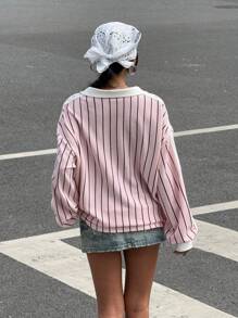 Muchica Camiseta de estilo deportivo con rayas y estampado de letras y números para mujeres, nuevo diseño - Rosa - Ver 2