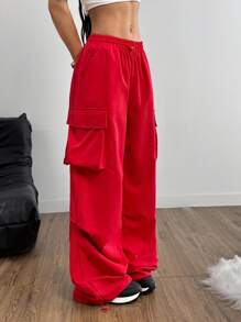 Coolane Pantalones cargo con bolsillo de solapa rojo, cordón en la cintura