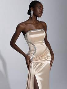 Elitara Váy suông dài màu sâm panh sang trọng, thanh lịch và lộng lẫy, chất liệu satin cao cấp, kim cương thủ công, không dây, xếp ly, đuôi cá xẻ tà gợi cảm, có tua rua và viền váy xòe, thích hợp cho các buổi hẹn hò, tiệc đơn, tiệc cocktail, lễ tốt nghiệp, tiệc tối, tiệc cưới, dạ hội - Rượu sâm banh - Xem 2