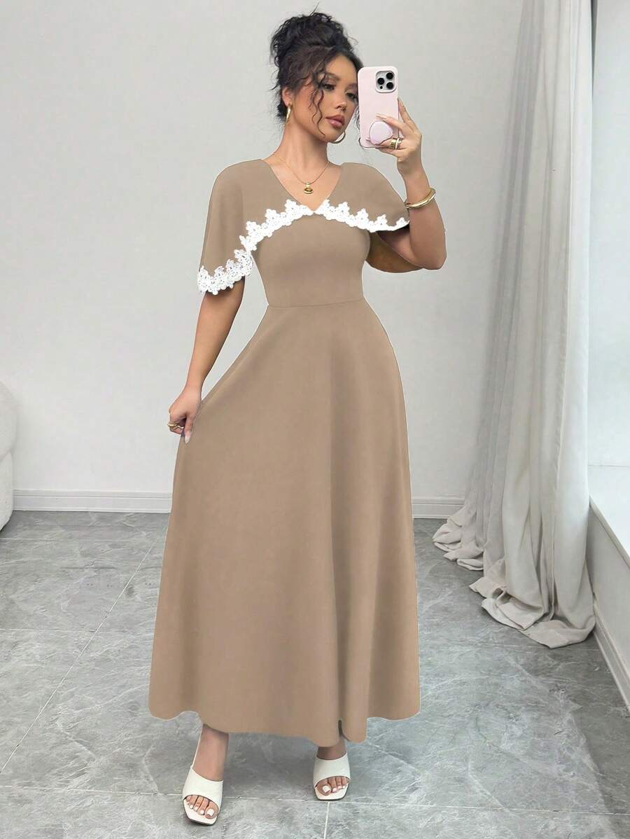 Chiquease Women's Elegant Colorblock Ruffle Detail Long Dress With Cape, Spring/Summer - Khaki - View 1