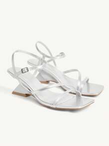 CUCCOO CHICEST Women Silver Wedge Heel Square Toe Strap Slide Sandals - Silver - View 2