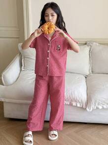 Dazy Kids Tween Girl Plaid Printed & Embroidered Short Sleeve Top And Pants Homewear Set, Spring/Summer - Rose Red - View 5