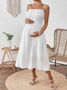 SHEIN White Boho Maternity Dress: Shirred Spaghetti Strap Midi Dress, Knee Length Casual Summer Dress For Women - White - View 8
