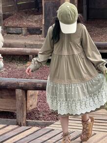 DAZY Mid-Length A-Line Princess Lace Patchwork Solid Color Crew Neck Long Sleeve Tween Girl Dress - Army Green - View 8