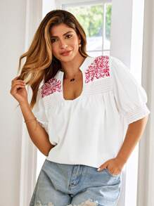 KURAYIA Plus Size Holiday Casual Embroidered Notch Collar Shirt - White - View 1