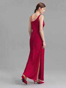 Ontre 2025 New Women Wedding Guest Dress, Asymmetric Neckline Single Slit Elegant Dress, Red Taffeta Fabric, Spring/Summer - Red - View 5