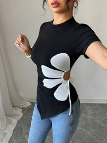 Rafferiza Elegant Round Neck Asymmetrical Hem Black & White Floral Decor Drawstring Women T-Shirt - Black and White - View 3