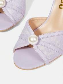 CUCCOO HITCHD 女士圆头珍珠缀饰细高跟蕾丝凉鞋 - 紫色 - 查看 7