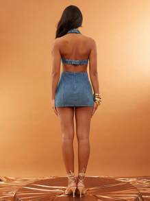 NYA SZN 牛仔深 V 露背夏季连衣裙度假特别活动西部音乐会音乐节优雅假期春假早午餐毕业典礼新娘婚礼宾客服装女士 - 藍色 - 查看 2