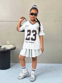 Tween Mädchen Street Style Stricknetzstoff Bedrucktes V-Ausschnitt Kurzarm-Top & Faltenrock 2 Stücke Set, Y2K Fashion Punk Style, süß & cool, Zurück zur Schule