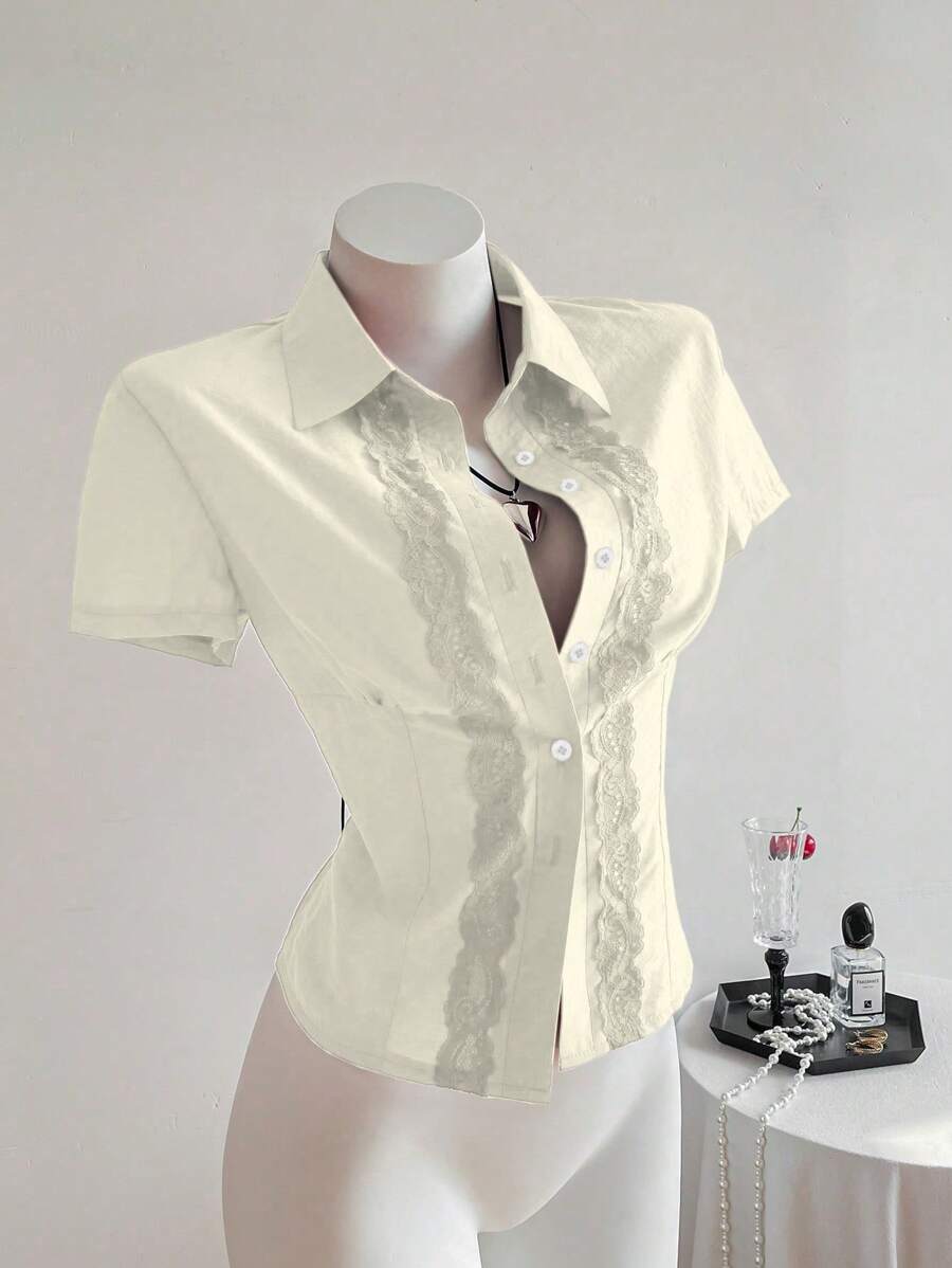 SHEIN Unity Vintage Simple Lace Patchwork Solid Fitted Short Sleeve Women Blouse - Apricot - View 1