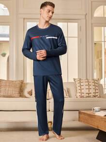 Manfinity Underwear&Sleepwear Basics Men's Long Sleeve Round Neck T-Shirt And Long Pants Pajama Set