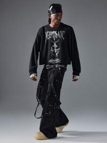 NEON BLANC 男士街头时尚铆钉宽松 3D 口袋拉链独特牛仔裤，街头服饰 - 黑色 - 查看 1