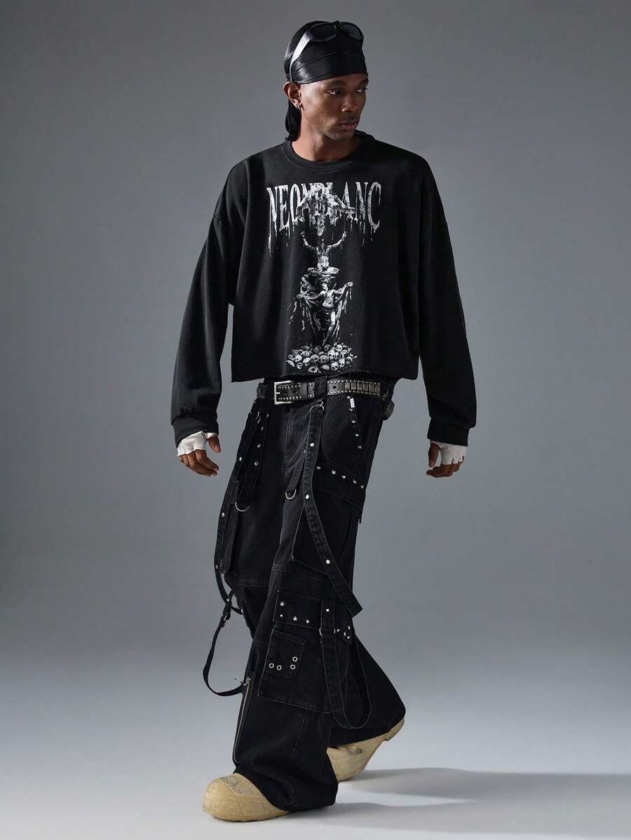 NEON BLANC 男士街头时尚铆钉宽松 3D 口袋拉链独特牛仔裤，街头服饰 - 黑色 - 查看 1