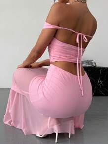 Aloruh 全新浪漫粉色露肩露背可转换上衣和裙子两件套，海滩度假性感装 - 粉色 - 查看 2