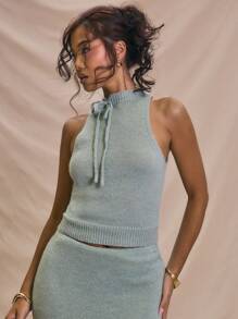 MUSERA Racer Knit Fitted Top Tie Neck Detail Spring Summer Holiday Cute Soft Serve Airport Outfits Comfy Cute - Green - View 1