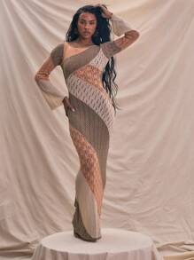 MUSERA Knit Crochet Panel Long Sleeve Open Back Fitted Maxi Dress Spring Summer Holiday - Multicolor - View 4