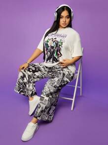 CATWOMAN X SHEIN Traje de talla grande con diseños grandes, camisetas holgadas, mono estampado, pantalones de pierna ancha, bolsillos grandes, estilo cómics estadounidenses, adecuado para ir de compras, blanco, traje de dos piezas CATWOMAN X