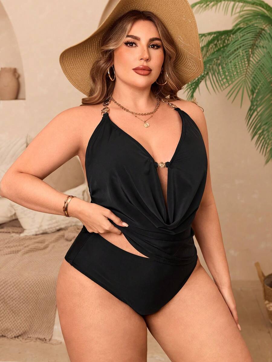 Swim Chiccia 2pcs/Set Plus Size Women's Black Metal Accent Deep V Backless Sexy Tankini Set, Minimalist Summer Swimwear & Beachwear - Black - View 1