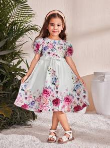 SHEIN Leap Crew Young Girl Fitted Casual Dress With Pink Rose Floral Print, Suitable For Valentine's Day, Princess Dress, Festival, Wedding, Party - White - View 5
