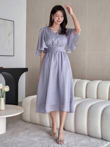 DAZY Solid Color V-Neck Ruffle Sleeve Pleat Hem Mid-Length Dress For Women Maxi Dress - Blue - View 1