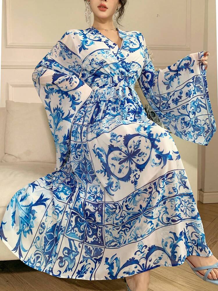 Women's Mid-Calf V-Neck Ruffle Sleeve Floral Chinoiserie Print Dress, Fall Dress Long Sleeve Dress Boho