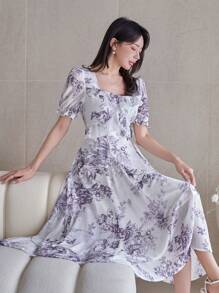 DAZY Women Floral Print Square Neck Puff Sleeve Ruffle Hem Midi Dress Sundress